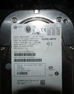 SAS 15K RPM伺服器300G硬碟 MBA3300RC FUJITSU 0MM501 DELL 3.5吋300GB