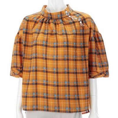 Rivet & Surge 英倫風 格紋立領五分袖  雪紡材質  超有氣質的!  橘黃/綠 兩色可選