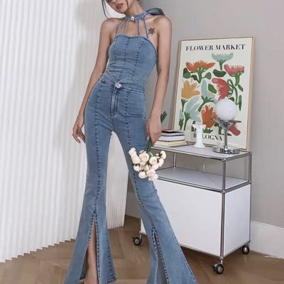Masion Wester設計師品牌 正品 復古時尚藍色彈力牛仔吊帶長褲套裝女潮酷喇叭褲 無袖褲裝