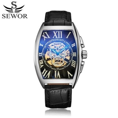 熱銷 手錶腕錶SEWOR思沃奇全自動機械鏤空骷髏頭手錶真皮商務皮帶手錶