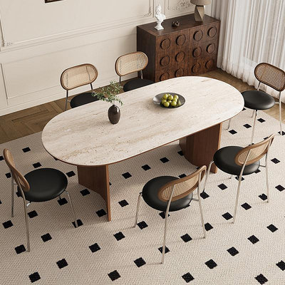餐桌法式復古實木餐桌洞石巖板小戶型胡桃木色橢圓形中古風設計師餐桌