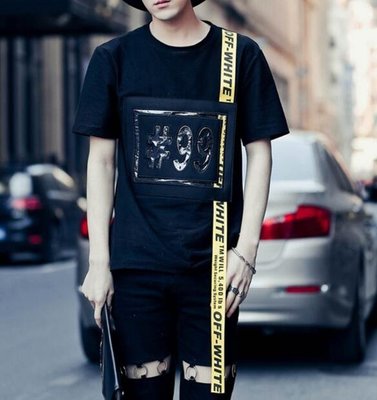 FINDSENSE品牌 男 時尚 街頭 潮 貼布黃條英文印花#99 寬鬆 短袖T恤 特色T恤