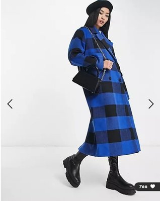 (嫻嫻屋) 英國ASOS-Monki 黑藍格紋雙排釦長大衣長外套EH23