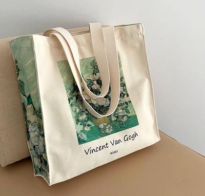 PL 30706 梵谷 玫瑰油畫藝術印花 環保手提袋 購物袋 電腦包 提袋 帆布袋 天然材質購物袋 書包 手提袋