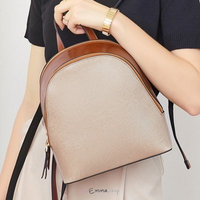 EmmaShop艾購物-韓國同步上新-小眾設計師款-真皮撞色雙口袋雙肩後背包