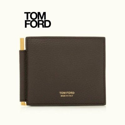 TOM FORD   (深棕色×金屬金色) 真皮兩摺短夾 八卡式 皮夾 錢包 中性款｜100%全新正品