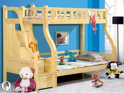 雙層床 全松木5尺實木步梯收納雙層床(左邊上樓梯)兒童床上下床雙層床 原木(DL180-S360-1.5)南部免運費