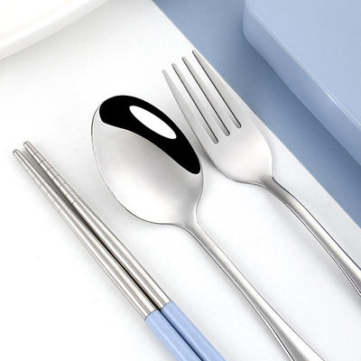 創意可愛不銹鋼便攜餐具套裝筷子便攜三件套勺子筷子盒學生~麗芙小屋