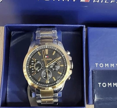 TOMMY HILFIGER Decker 黑色錶盤 金色配銀色不鏽鋼錶帶 石英 男士手錶 1791559