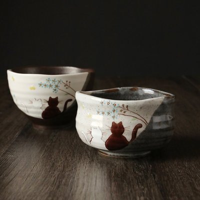 現貨熱銷-日本進口九谷燒陶瓷器抹茶碗寬口大杯情侶小貓咪深色復古米飯湯碗