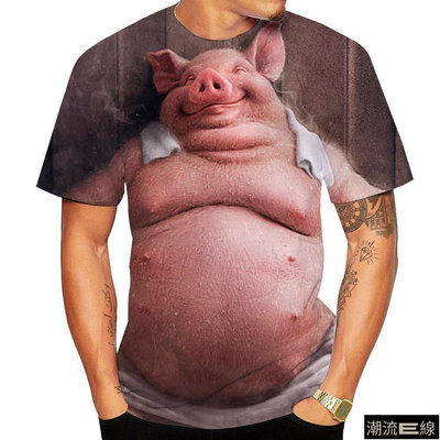 夏季新奇動物豬 3D 打印男士 T 恤搞笑小豬滌綸圓領短袖寬鬆上衣超大 T 恤-潮流e線