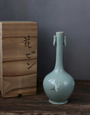 中古花瓶 高麗青瓷雙耳瓶  雲鶴紋高麗青瓷花瓶
