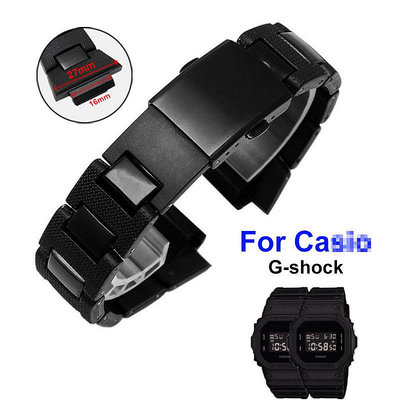 適用於卡  西歐G-shock DW6900/DW9600/GW-M5610/DW5600錶帶16毫米不銹鋼錶帶黑色腕帶