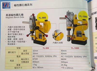 "工具醫院" 台灣製造 外銷 日本 YALIANG 高速磁性鑽孔機 YL-1000 磁性穴鑽 鑽孔機 開孔機 ！太好康了！(特價)