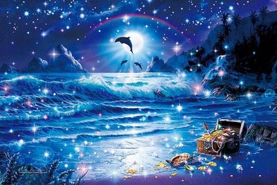 13-019 絕版夜光1000片日本進口拼圖 月光下的海洋 海豚 沙灘  Lassen