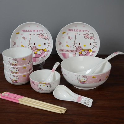 【上品居家生活】Hello Kitty 凱蒂貓 粉紅色系套裝餐具組 陶瓷骨瓷 禮品級 (4碗4匙4筷2盤1湯碗1湯勺)
