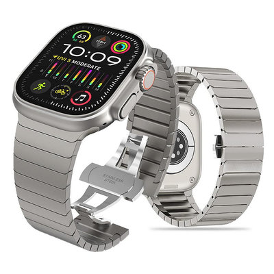 適用蘋果不銹鋼表帶 apple watch1-9竹節金屬商務表帶ultra鈦色智能手環腕帶 替換腕帶 運動錶帶 腕帶
