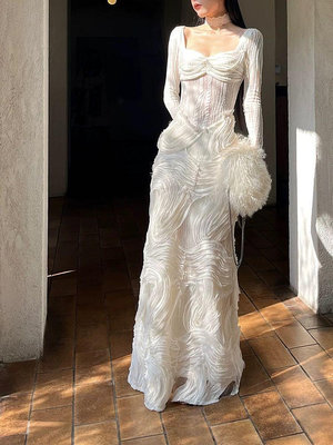 白色氣質優雅長洋裝珍珠長袖長裙針織連身裙小禮服質感法式洋裝旅拍 xs-l