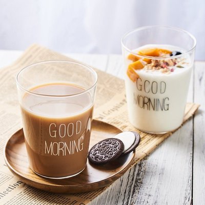 北歐風格ins玻璃杯水杯 good morning家用早安杯 早餐果汁牛奶杯子