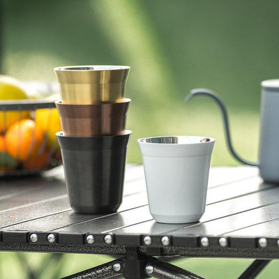 熱銷 戶外露營水杯304不銹鋼雙層可疊放野餐裝備便攜式耐高溫咖啡杯子 現貨 可開票發