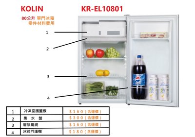 KOLIN 80公升 單門小冰箱   KR-EL10801 ( 溫控 / 護欄 / 層架 / 集水盤 零件材料) 含運價