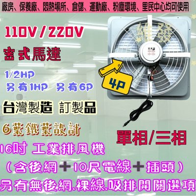 4P 單相『附電線』16吋 1/2HP 排風機 吸排 通風機 抽風機 電風扇 工業排風機 工廠散熱 風扇(台灣製造)