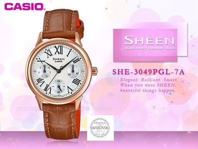 CASIO 卡西歐 手錶專賣店 SHE-3049PGL-7A 女錶 皮革錶帶  三眼 防水 羅馬數字
