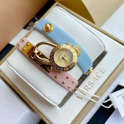 VERSACE Medusa Lock Icon 金色雙面鎖頭錶盤 藍色粉色皮革錶帶 石英 女士手錶 VEDW00219