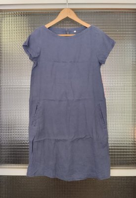 日本無印良品 MUJI 灰藍色100%純亞麻短袖洋裝