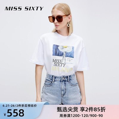 【熱賣下殺】Miss Sixty2022夏季新款短袖T恤女純棉印花寬松中長