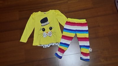 女童黃色造型上衣+彩色線條褲套裝