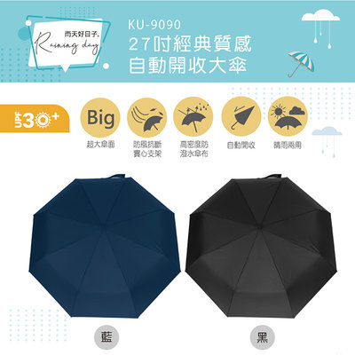 全新原廠保固一年KINYO超大27吋防風速乾自動開收晴雨傘(KU-9090)