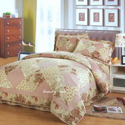 粉色斜拼  純棉   絎縫拼布  床組  床罩  床蓋  雙人被套3件組