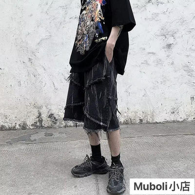 現貨 【S-3XL】歐美高街暗黑扎染鬆緊腰毛邊牛仔短褲男士寬鬆直筒休閒五分褲