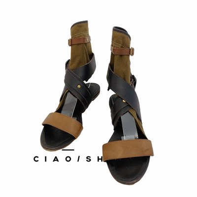 CIAO/SH 名牌精品店 CHLOE 咖啡皮 棉麻布包腳踝平底涼鞋
