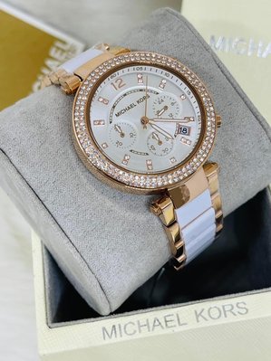 MICHAEL KORS 晶鑽 白色配玫瑰金色錶盤 不鏽鋼錶帶 三眼計時 女士手錶 MK5774