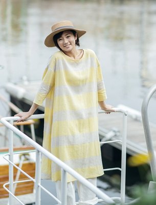 SM2【Samansa Mos2】 ♥日本品牌♥  黃 x 灰素色  寬版橫條紋  棉麻洋裝