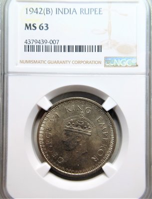 1942 NGC MS63 英屬印度 1盧比銀幣(同西藏四川盧比同時流通） 高分少~非PCGS