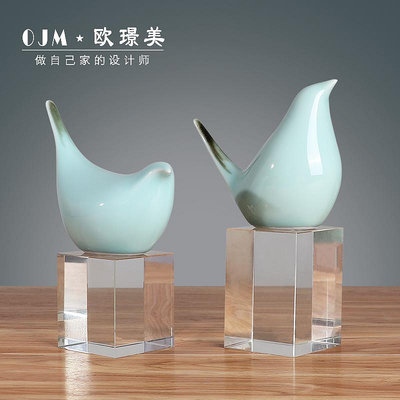 新中式陶瓷水晶鳥擺件客廳書房簡約現代創意家居樣板房間軟裝飾品~優優精品店