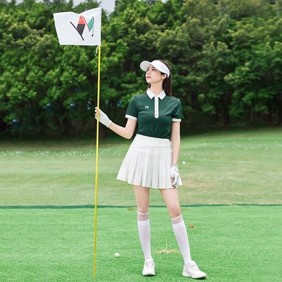 特賣-MY 高爾夫球服女夏韓版氣質墨綠上衣T恤短袖白色百褶短裙運動套裝