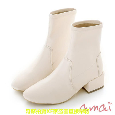 amai 氣質小方頭低跟襪靴 低跟短靴 襪靴 踝靴 短筒靴 粗跟 百搭 時尚 韓版 英倫風 大尺碼 白色 GB-49WT