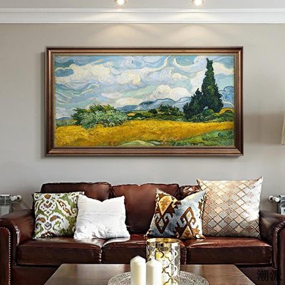 客廳橫版大尺寸掛畫手繪麥田歐式藝術抽象裝飾畫純手繪 油畫 橫幅 豎幅 風水 風景 開運 納福 免運