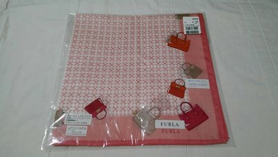 《24H必回覆》FURLA 女用 手帕（粉色系-各式手提包圖案環繞）約50*50cm 日本製 100%綿 中西（株）