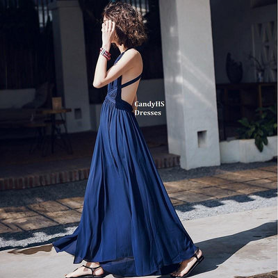 HS [SIX4] 海邊渡假沙灘裙夏季性感藍色大露背交叉繫帶長洋裝