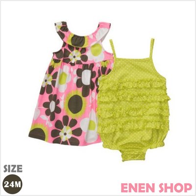 『Enen Shop』@Carters 綠色點點包屁衣/花朵連身裙/小褲褲三件組 #216A276｜24M