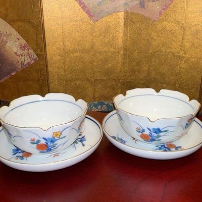 日本中古有田燒名家清秀造茶杯小碗杯托，一杯一碟，清秀底款，膠18045