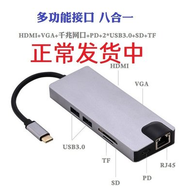 【熱賣下殺價】八合一擴展塢type-c轉HDMI+VAG千兆RJ45+USB3.0HUB分線讀卡集線器