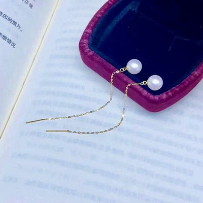 (陳淑芬手作）現貨。18k金天然海水珍珠耳環、77mm長耳線。日本Akoya ，約7mm，正圓、極光、無瑕、櫻花粉。