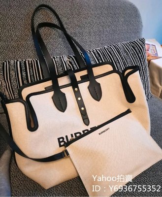 Simon二手正品 BURBERRY Medium Canvas Logo 中款 肩背 托特包 米白 19秋冬