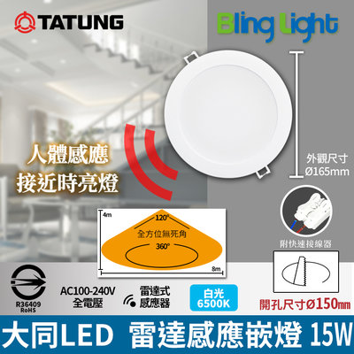◎Bling Light LED◎大同LED 人體感應嵌燈/崁燈，15W 開孔15CM，CNS認證，全電壓，白光